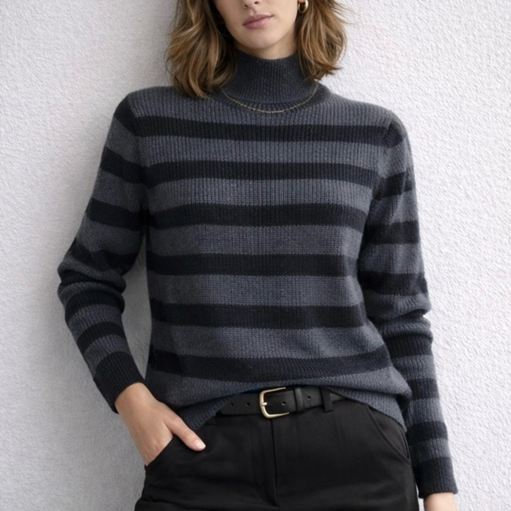 Eileen Fisher NWT Merino Wool Gray Stripes Mock Neck Long Sleeve Sweater M
